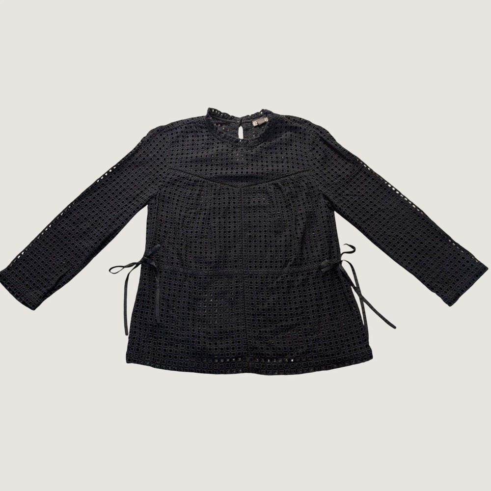 Point Sur Eyelet Blouse 4 Long Sleeve Mock Neck Side Tie Cotton Black Top